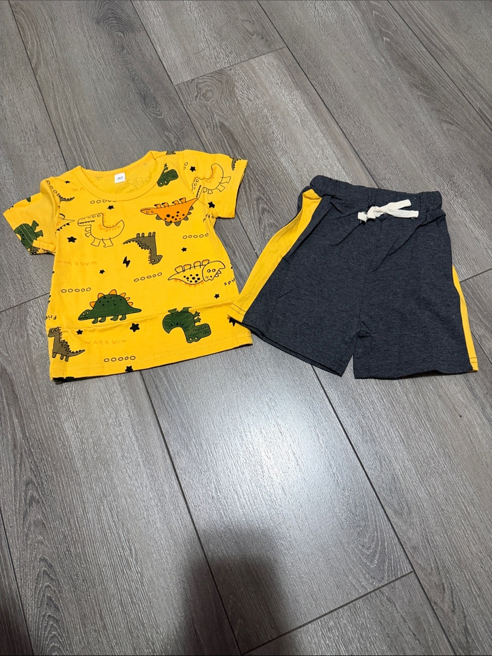 Kids Yellow Dinosaur Top & Charcoal Shorts Matching Set